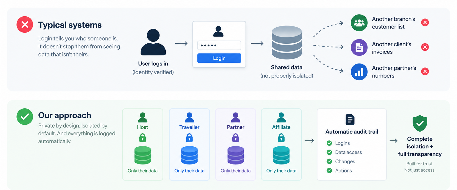 Diagram comparing a typical system, where a login verifies identity but still leaves data shared and exposed to other branches, clients and partners, against Forge Vertical's approach, where each user — host, traveller, partner, affiliate — only ever reaches their own data, with every login, access, change and action written to an automatic audit trail.