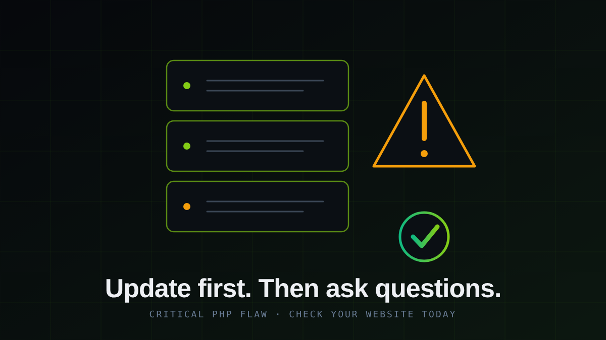 Illustration of a server with a warning triangle and a tick for an update, with the words Update first.