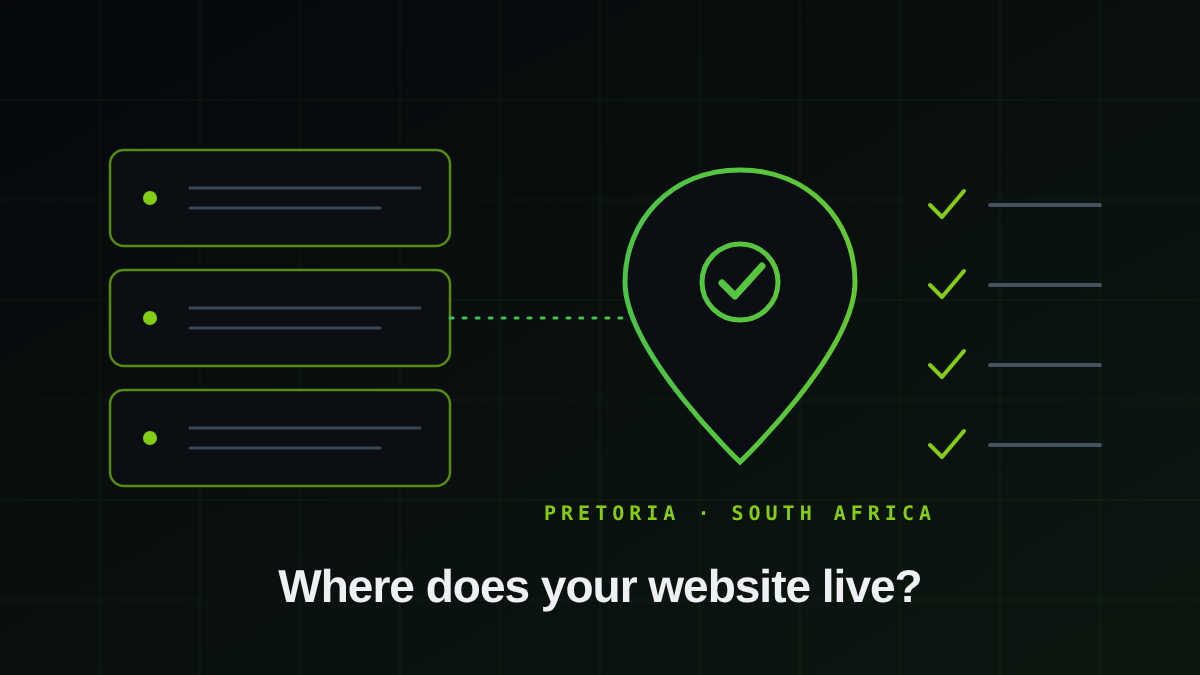 Illustration of a server stack with a map pin for South Africa and a checklist of ticks, with the words Where does your website live.