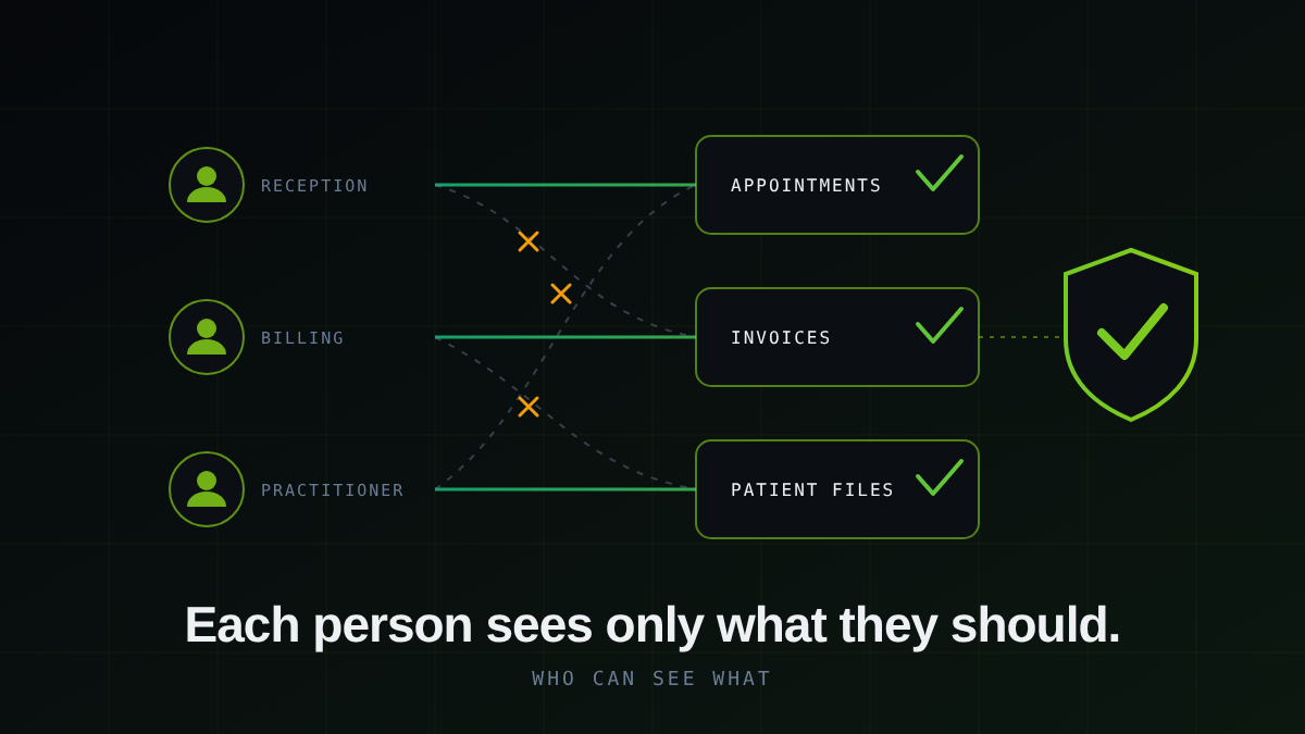 Illustration of a shield with a tick at the centre of connected nodes, with the words Each person sees only what they should.